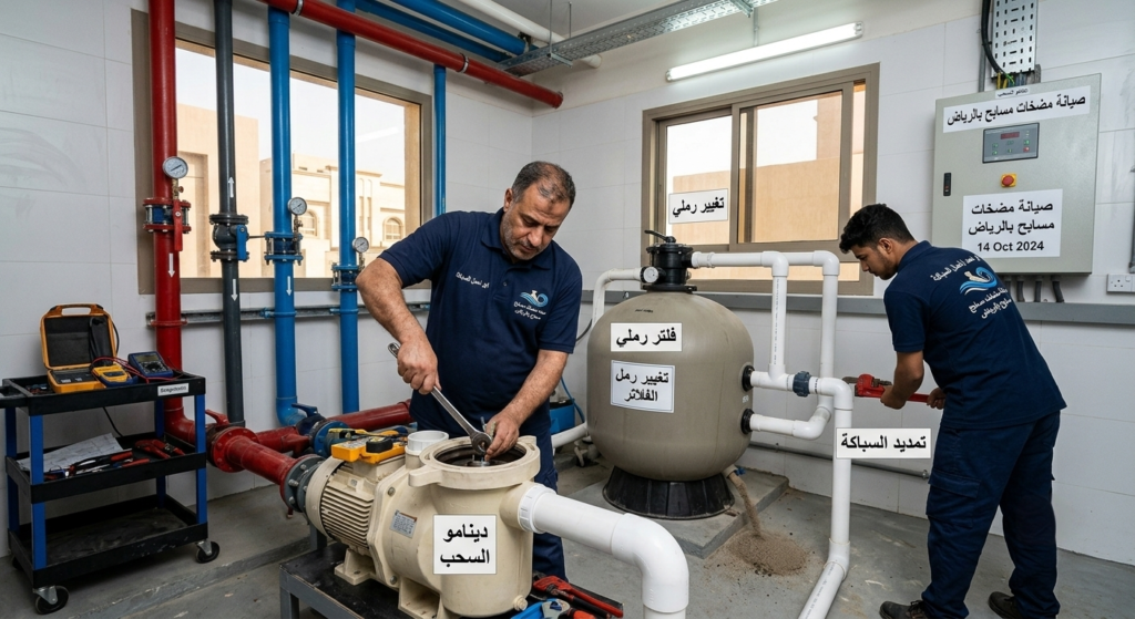 صيانة مضخات مسابح بالرياض – إصلاح دينامو السحب وتغيير رمل الفلاتر وتمديد السباكة